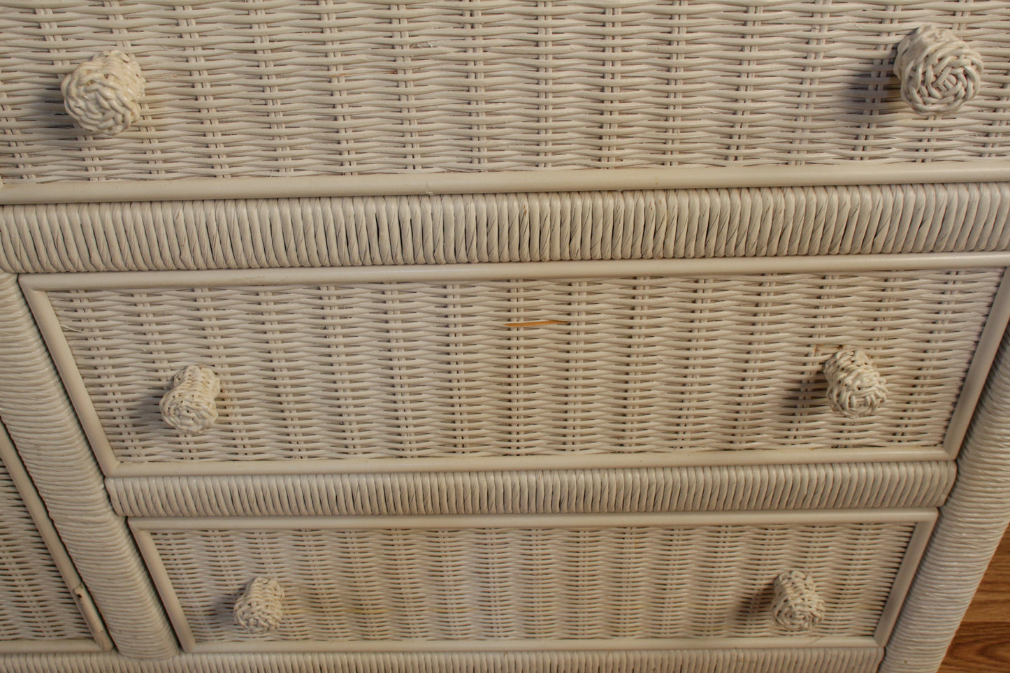 White Wicker & Glass 9-Drawer Credenza