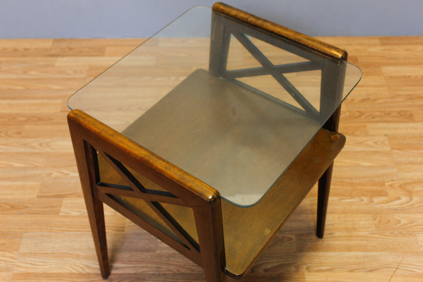 Mid Century Walnut & Glass 2-Tier Side Table