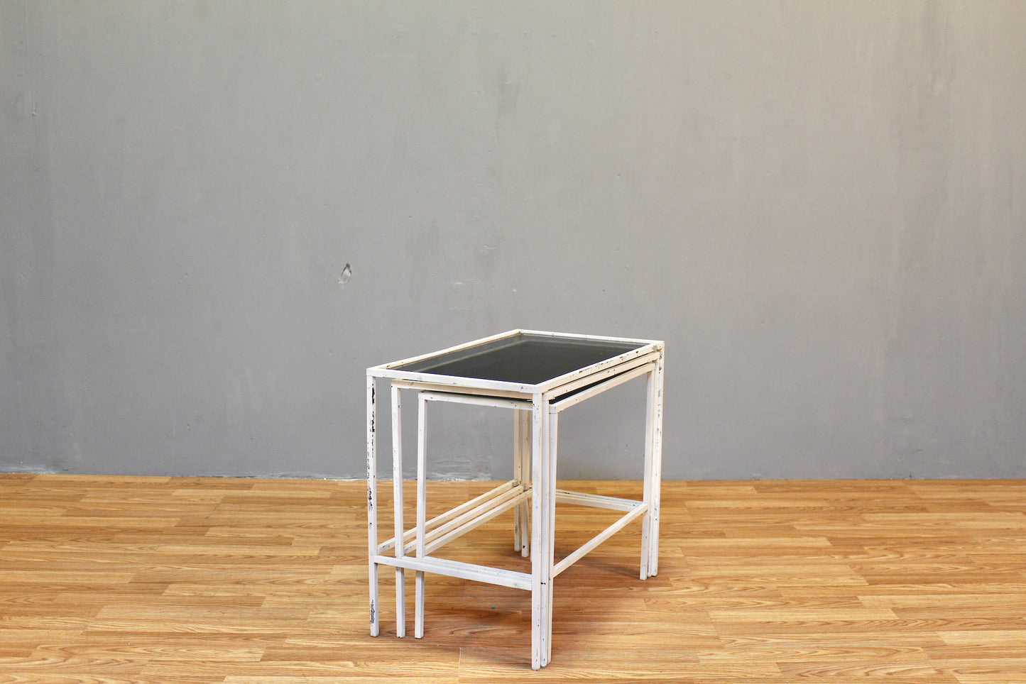 Trio of White & Smoked Glass Nesting Tables