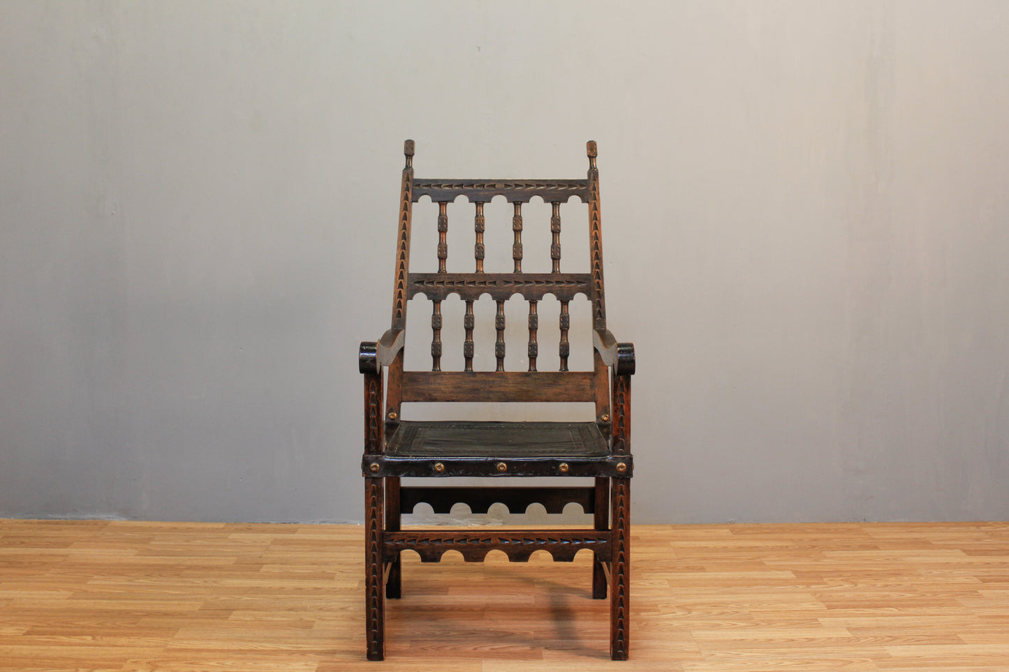 Renaissance-Style Oak & Leather Armchair