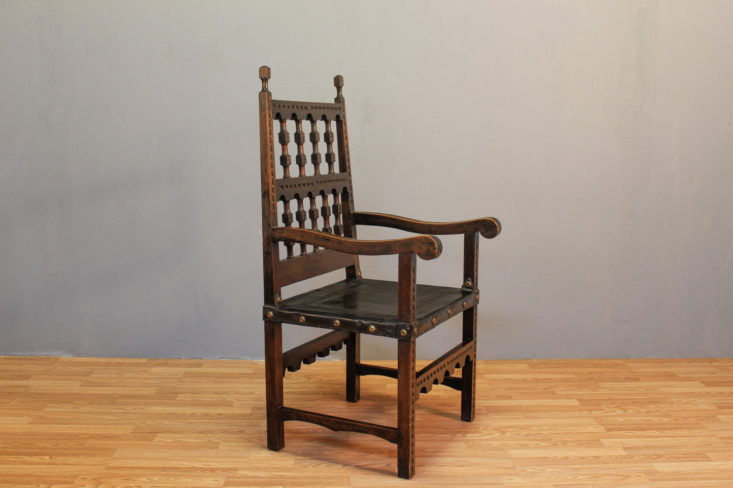 Renaissance-Style Oak & Leather Armchair