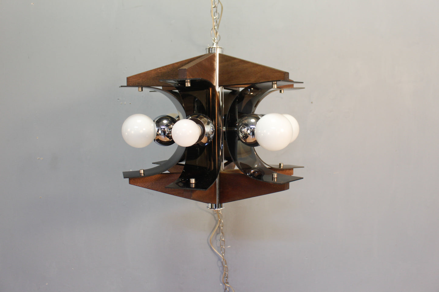 Luxe Mid Century Walnut & Smoked Lucite Swag Lamp
