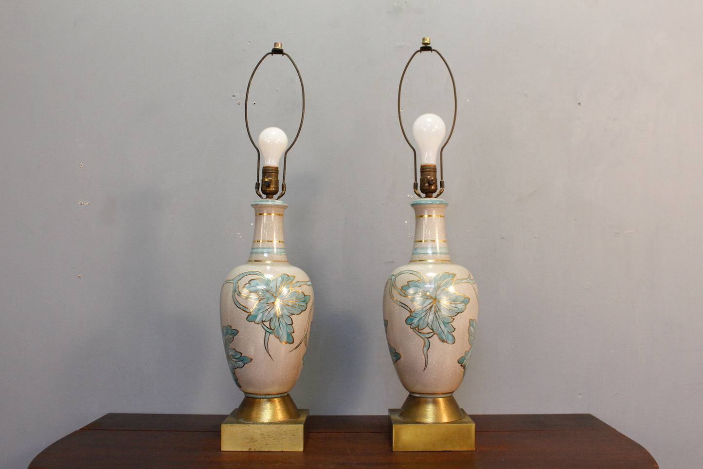 Pair Of Blue Floral Ceramic Table Lamps