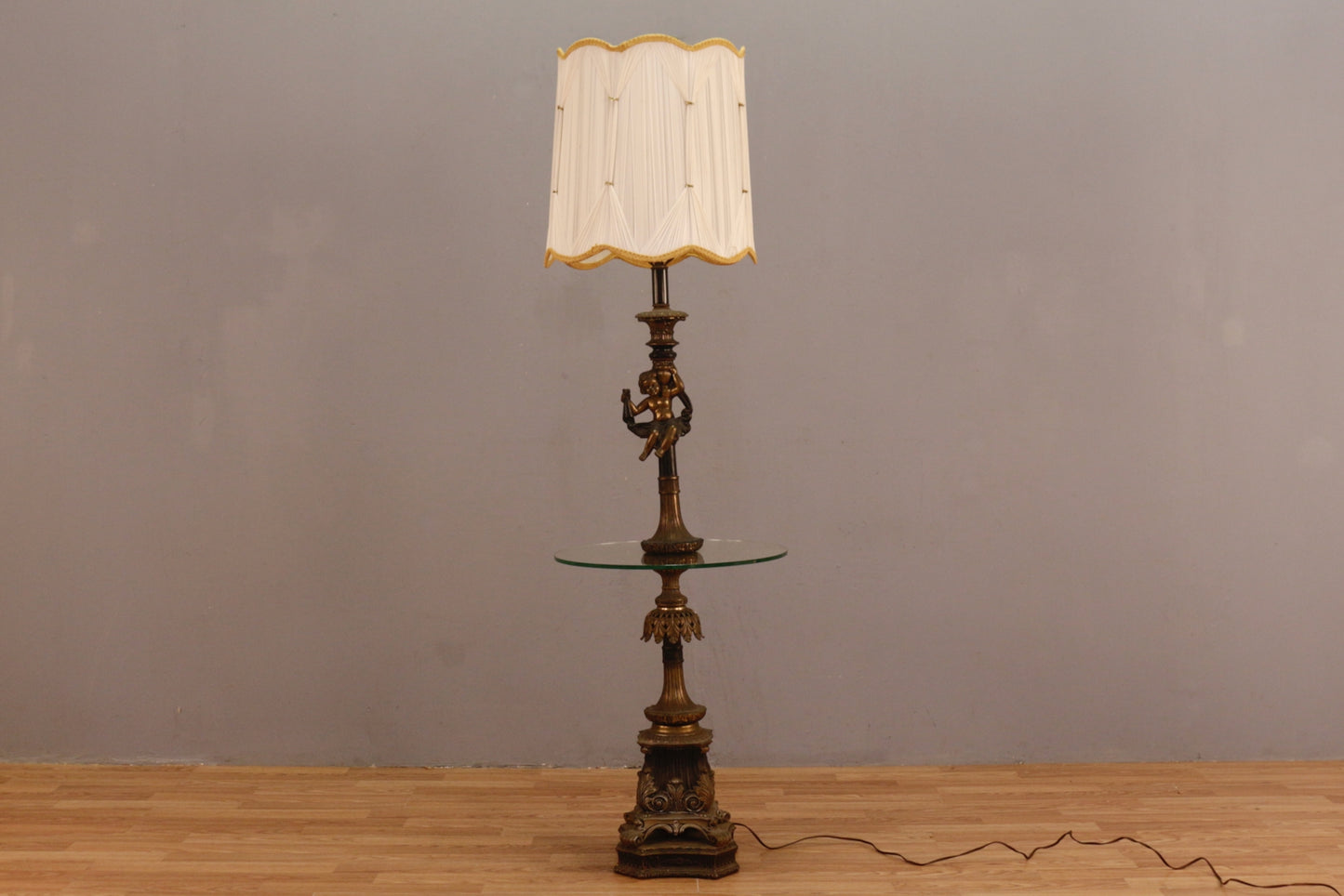 Ornate Brass & Glass Side Table Floor Lamp