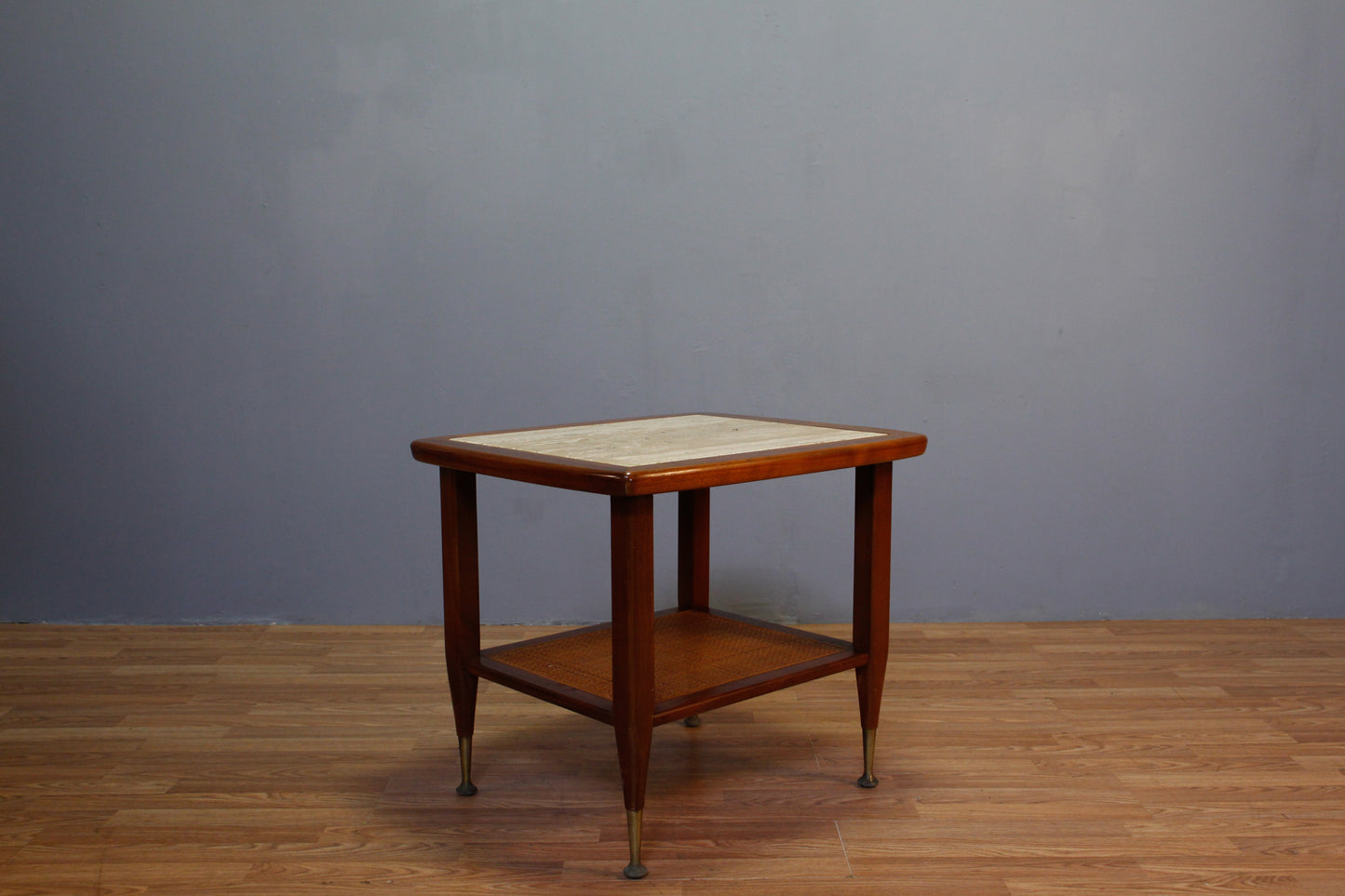 Mid Century Marble & Cane 2-Tier Side Table