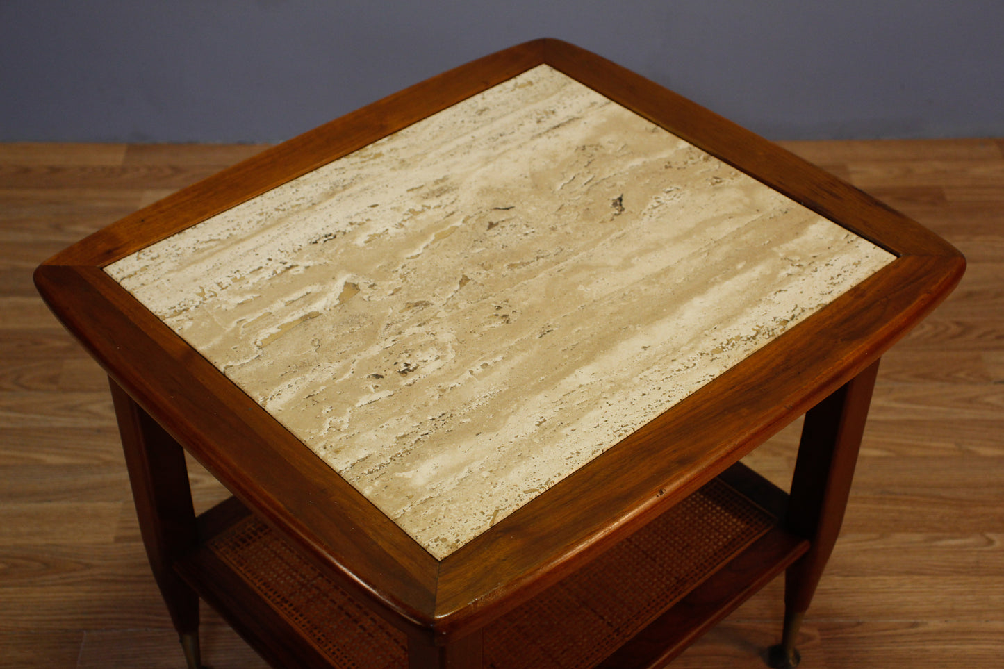 Mid Century Marble & Cane 2-Tier Side Table