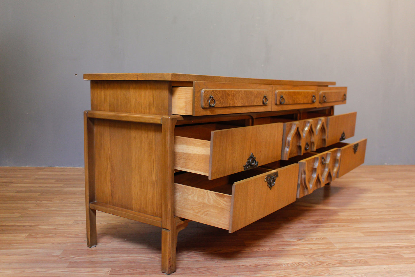Luxe Mid Century Ornate 9-Drawer Credenza - ONLINE ONLY