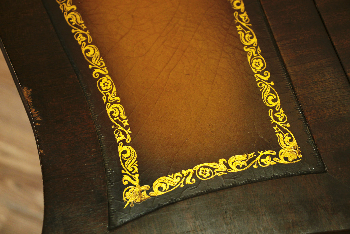 Dark Wood & Leather Inlaid Drop-Leaf End Table