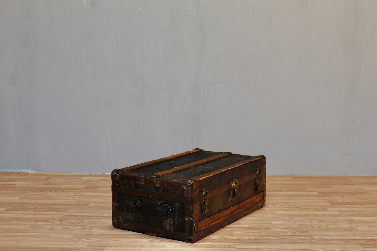 Distressed Black Leather & Wood Trunk