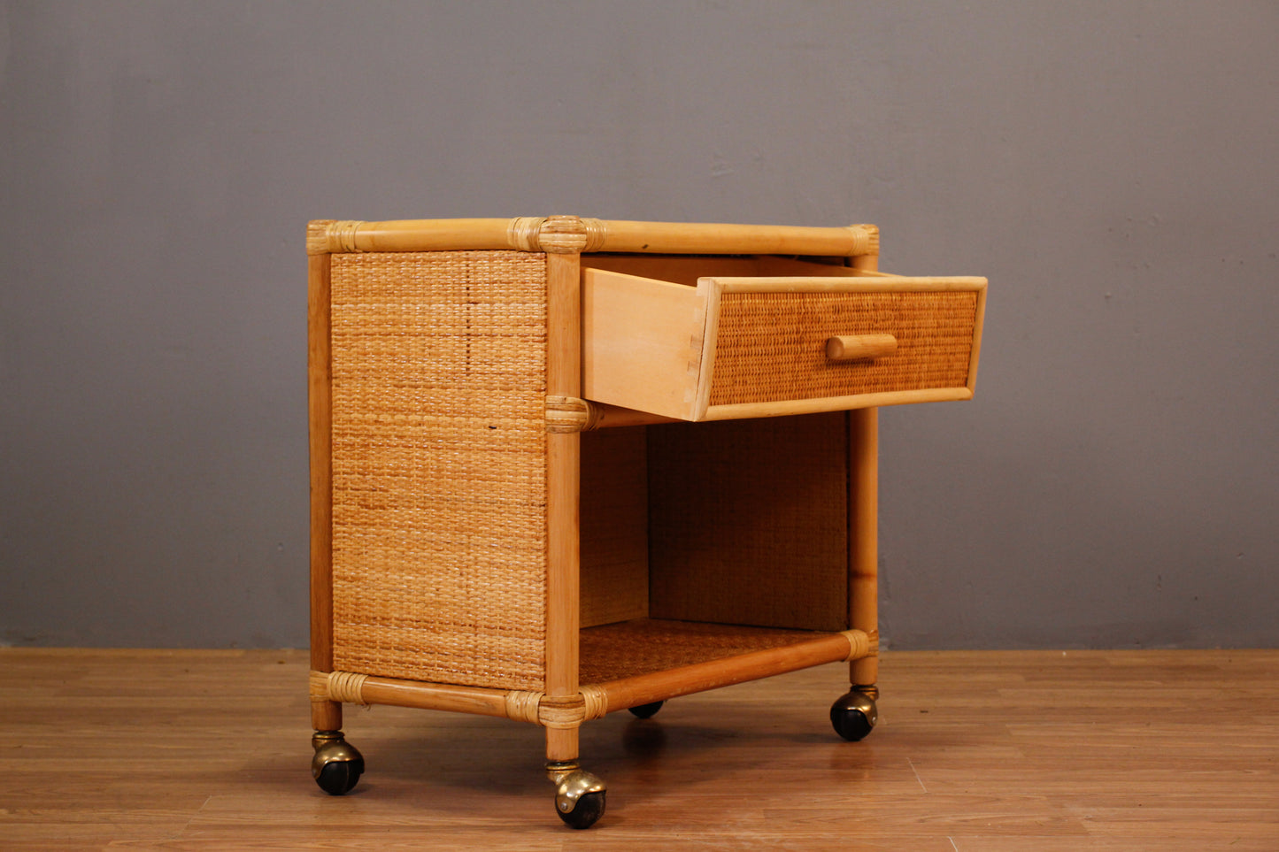 Rolling Bamboo & Woven Nightstand