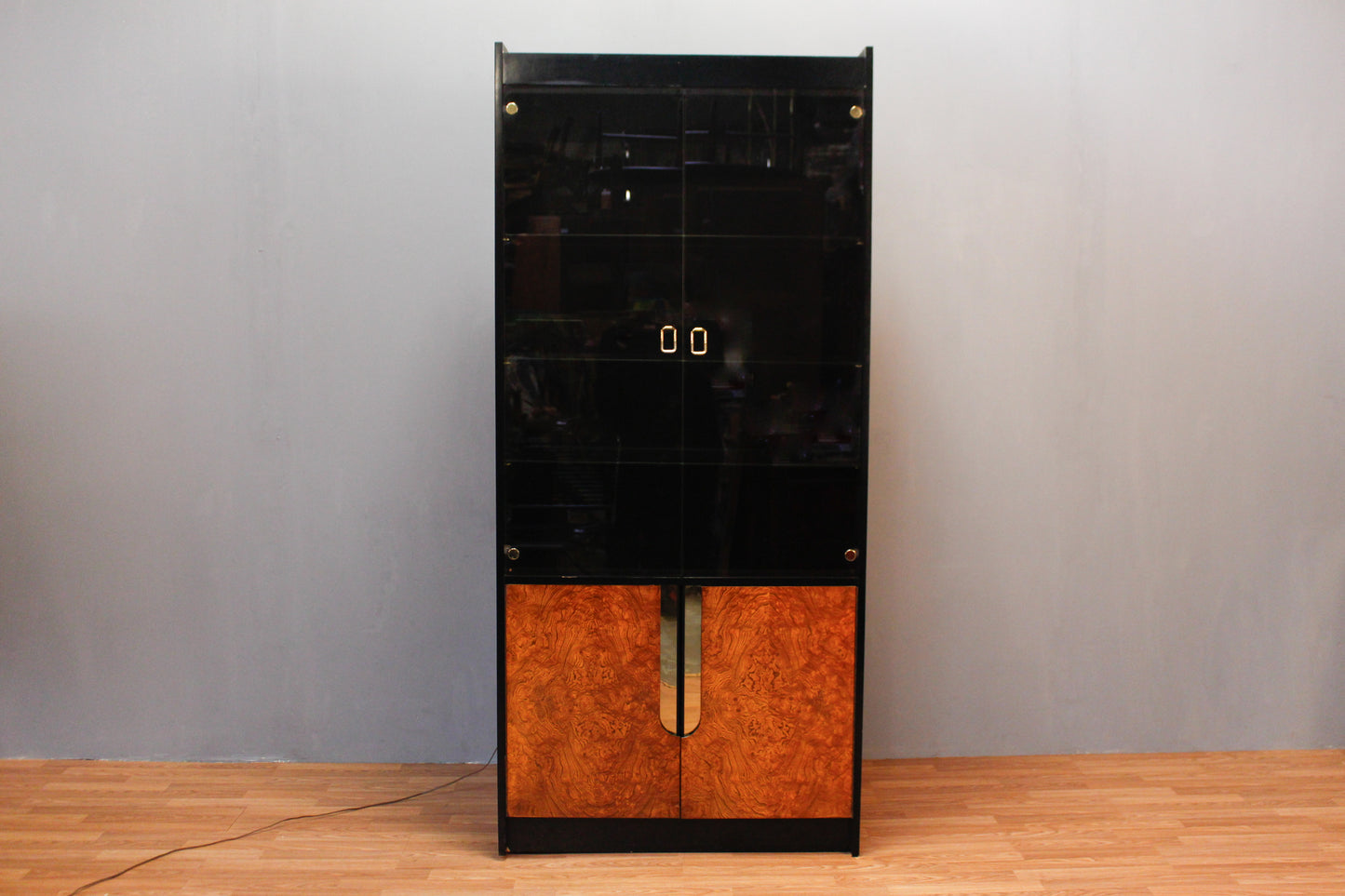 Tall Black & Burl Glass-Front Wall Unit - ONLINE ONLY