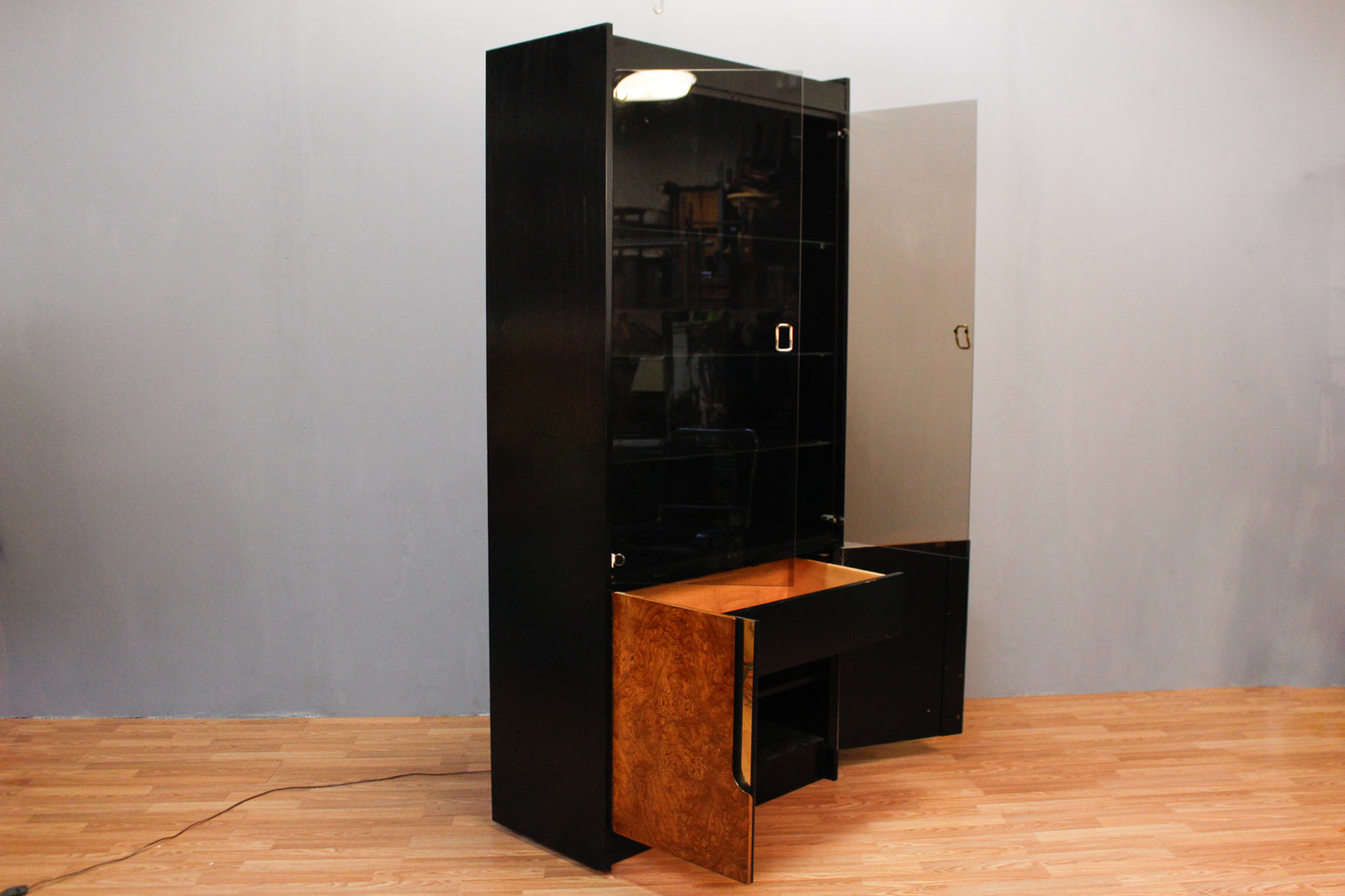 Tall Black & Burl Glass-Front Wall Unit - ONLINE ONLY