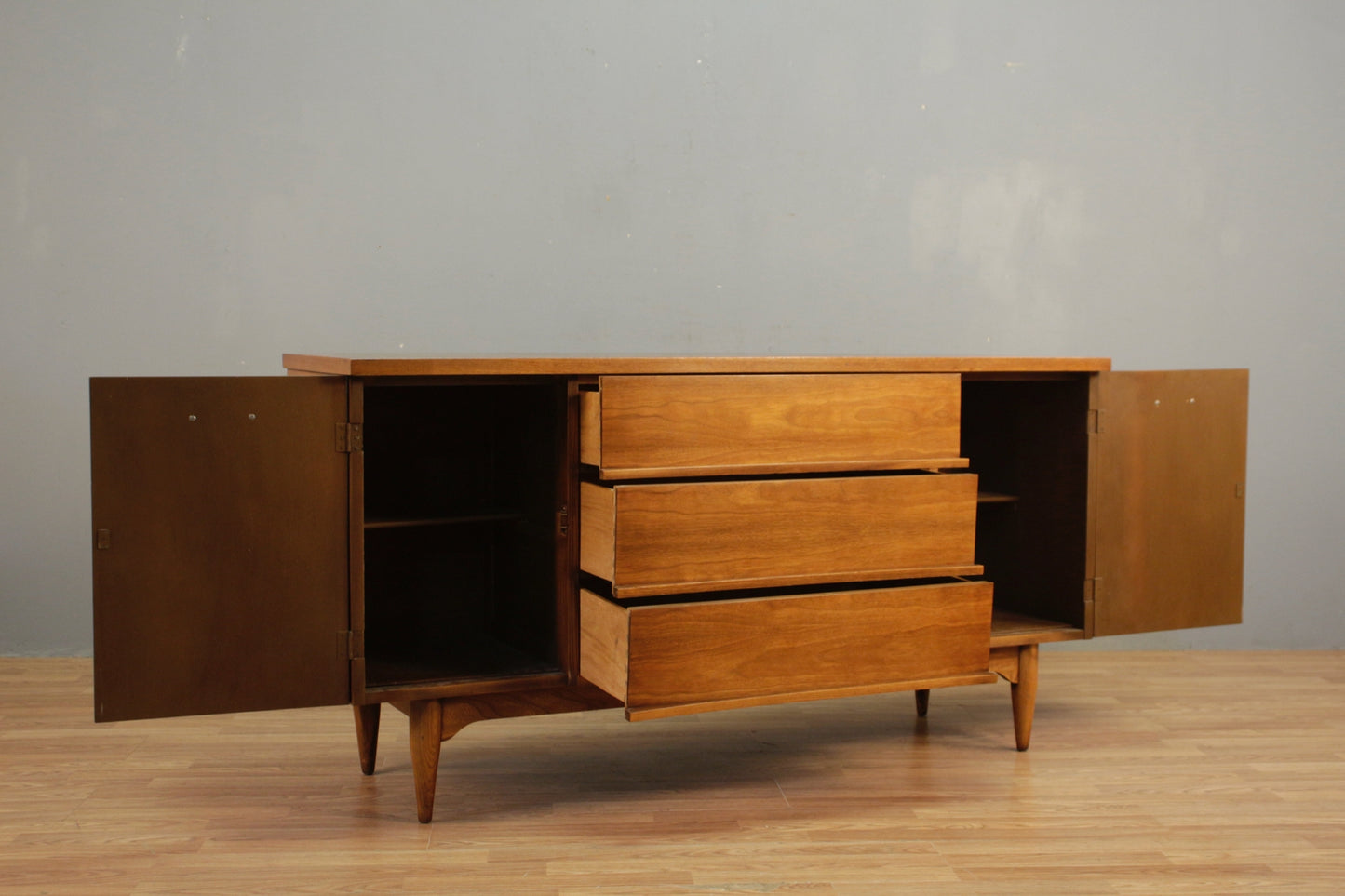 Mid Century Walnut 3-Drawer Credenza