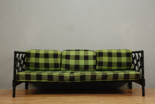 Green Gingham & Black Rattan Daybed Sofa - ONLINE ONLY