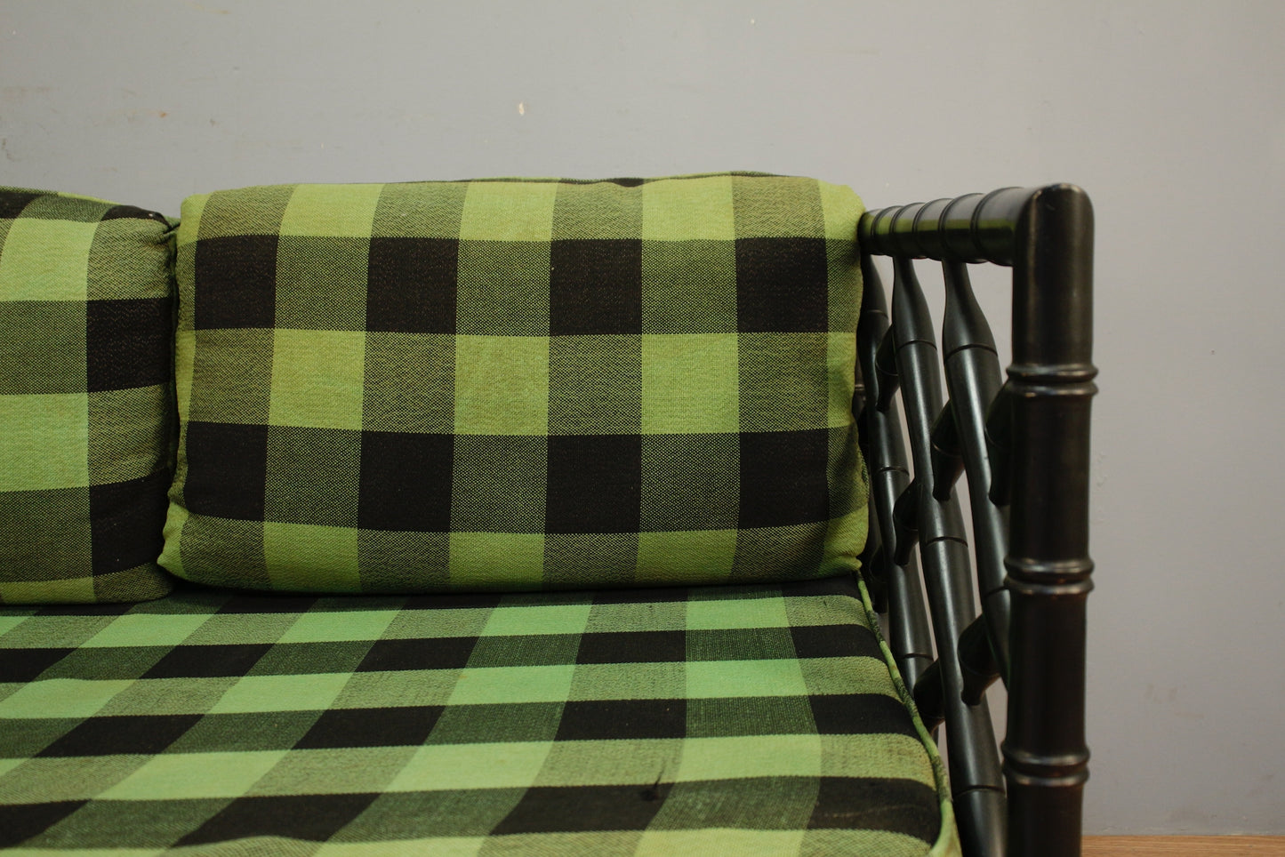 Green Gingham & Black Rattan Daybed Sofa - ONLINE ONLY