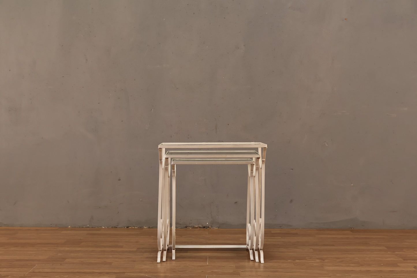Trio of White Iron & Glass Nesting Tables