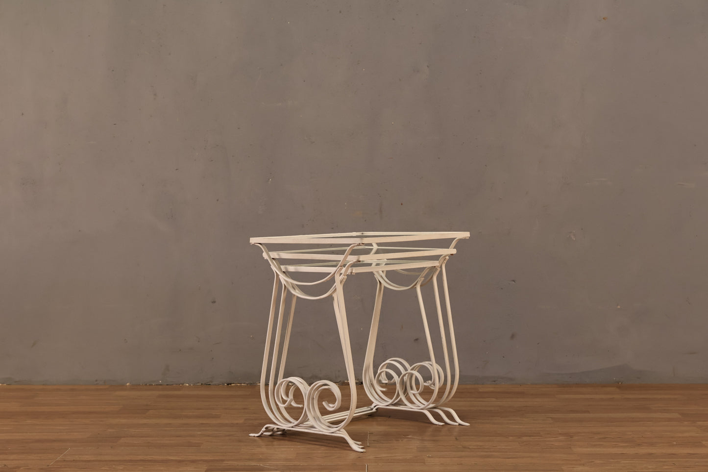 Trio of White Iron & Glass Nesting Tables