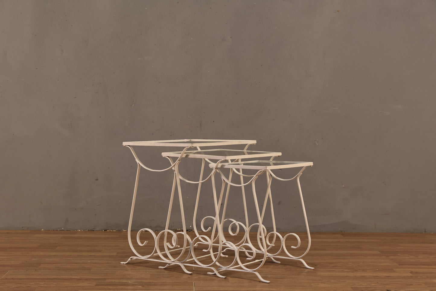 Trio of White Iron & Glass Nesting Tables