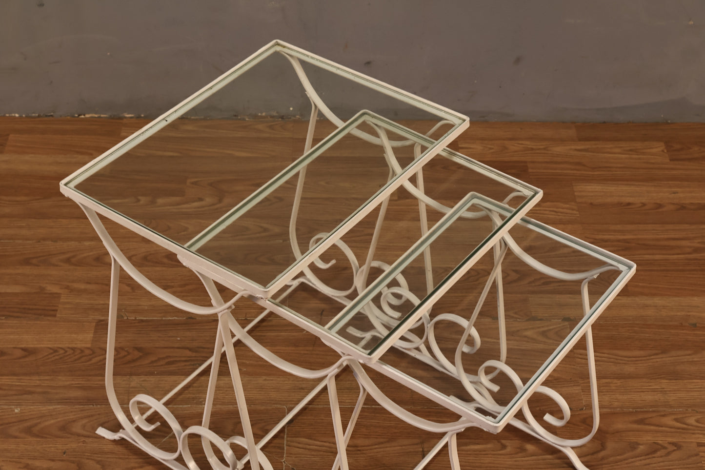 Trio of White Iron & Glass Nesting Tables