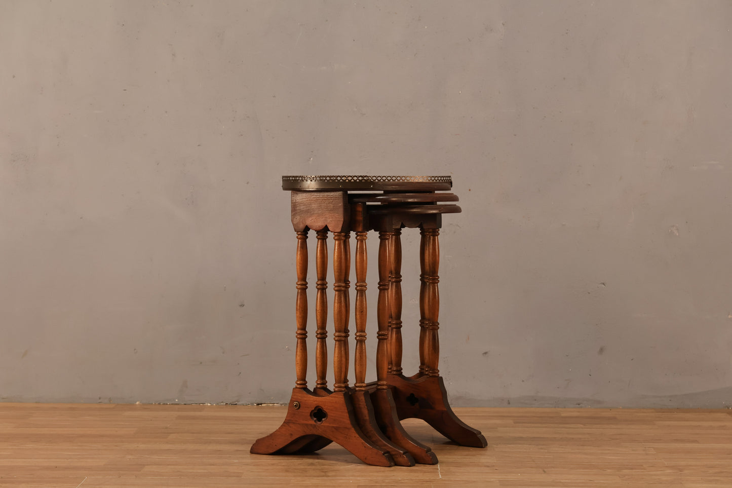Trio of Country Pine & Brass Nesting Tables - ONLINE ONLY