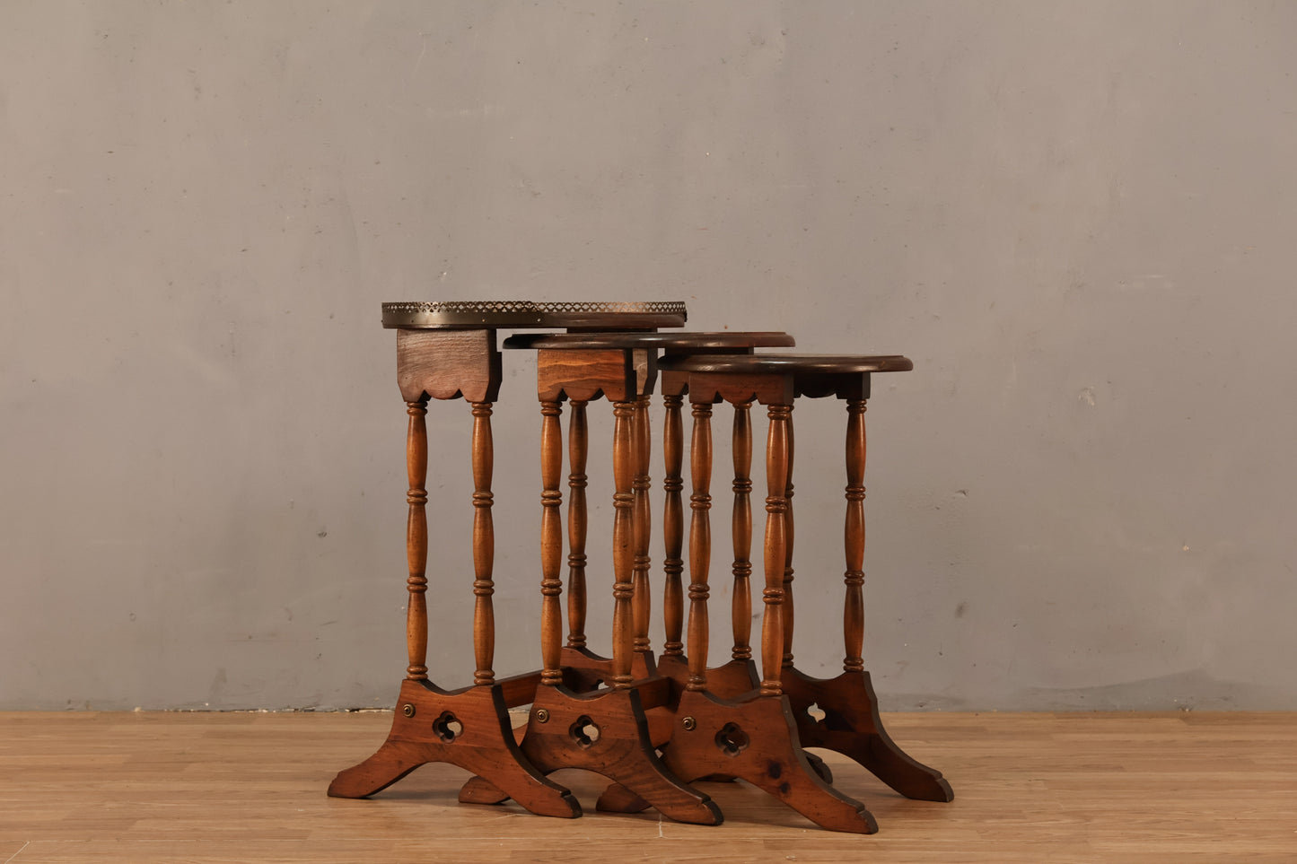 Trio of Country Pine & Brass Nesting Tables - ONLINE ONLY