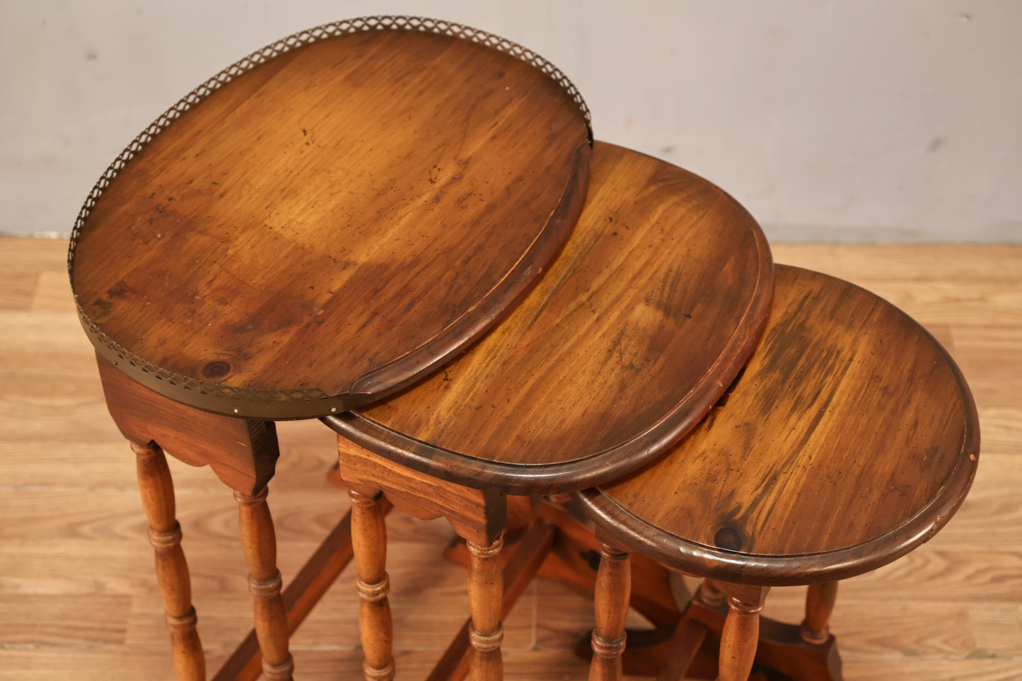 Trio of Country Pine & Brass Nesting Tables - ONLINE ONLY