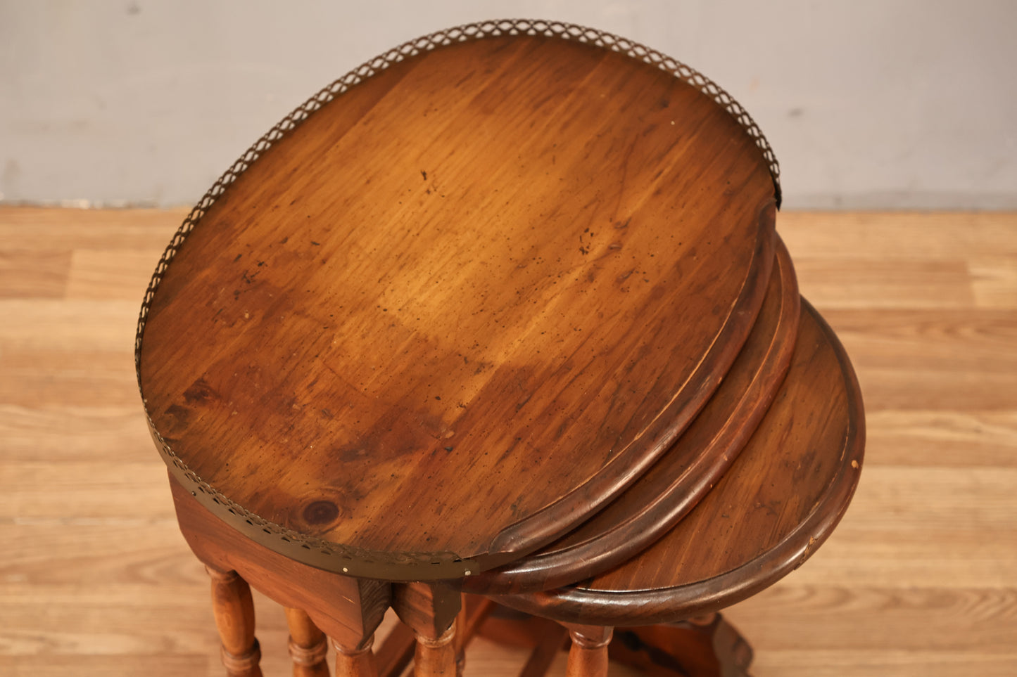 Trio of Country Pine & Brass Nesting Tables - ONLINE ONLY