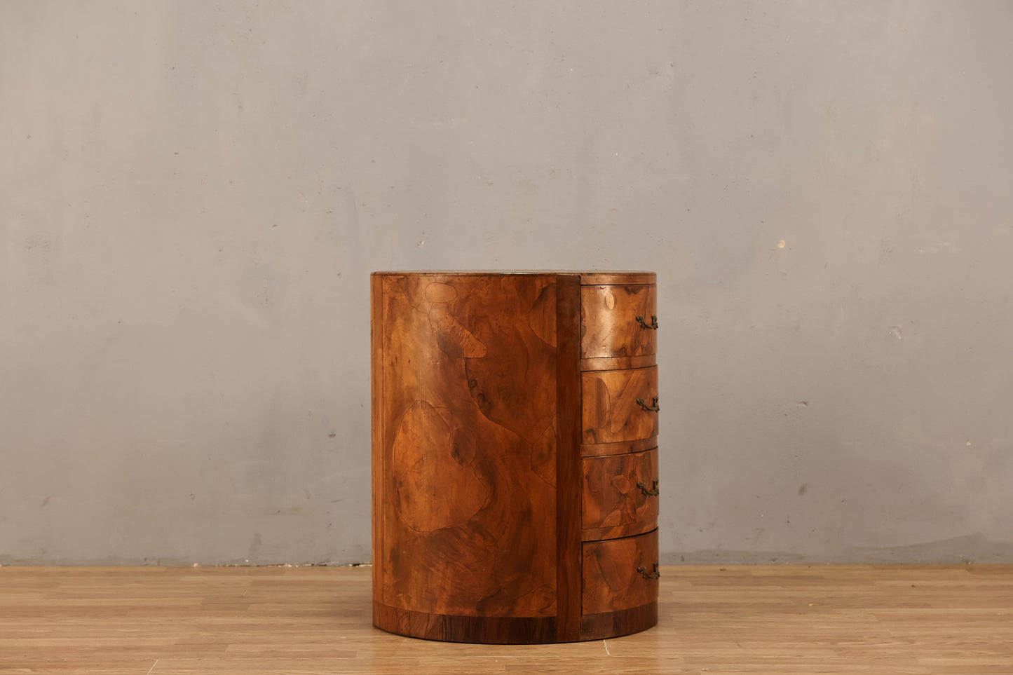 Italian Olive Burl 4-Drawer Drum End Table