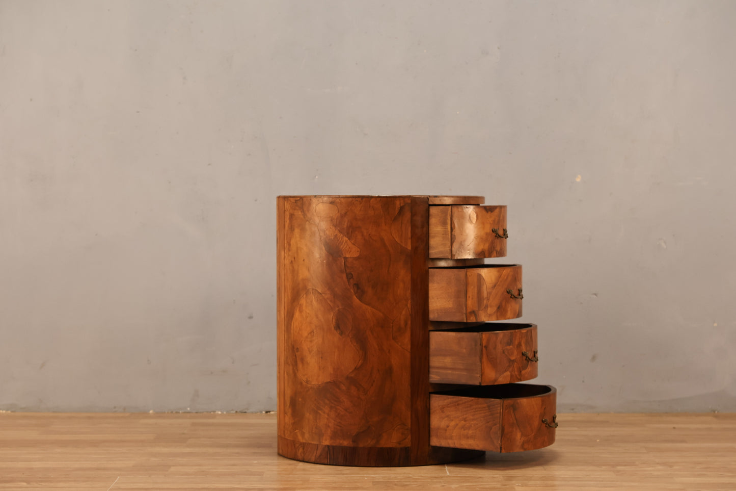 Italian Olive Burl 4-Drawer Drum End Table