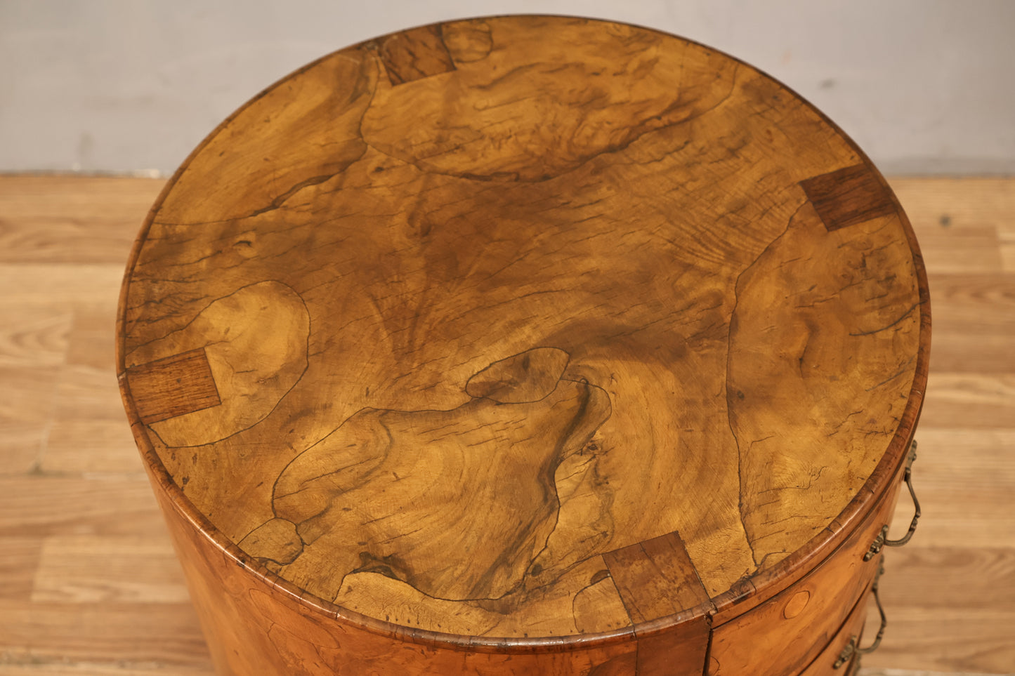 Italian Olive Burl 4-Drawer Drum End Table