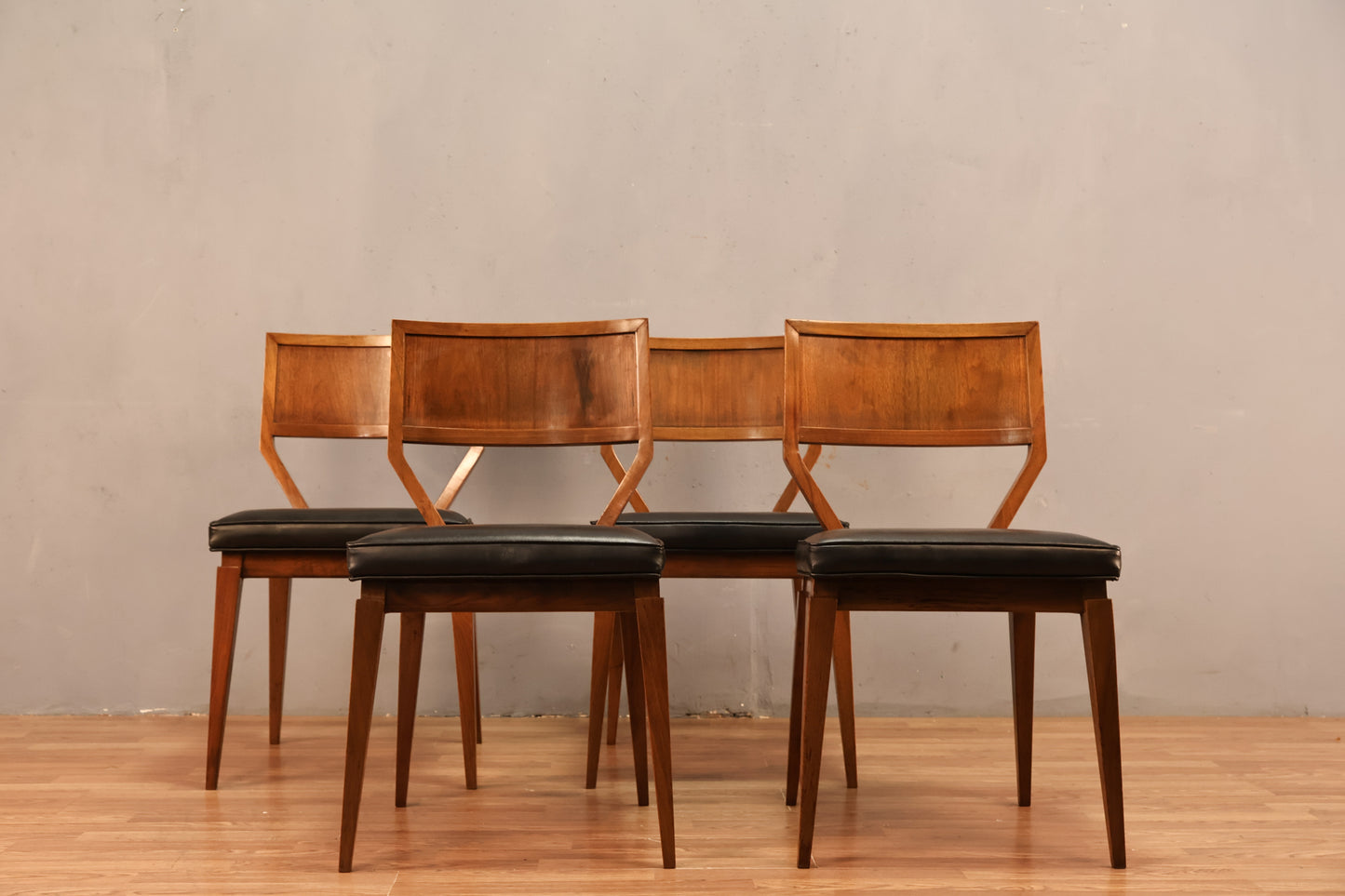 Mid Century Walnut & Black Leather Side Chair