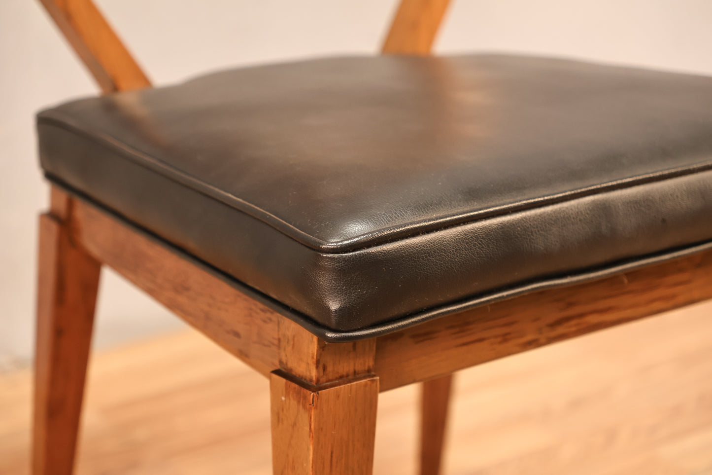 Mid Century Walnut & Black Leather Side Chair