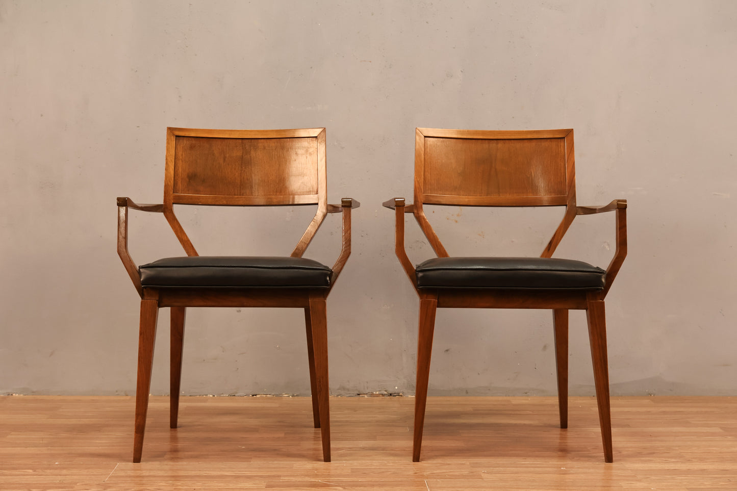 Mid Century Walnut & Black Leather Armchair