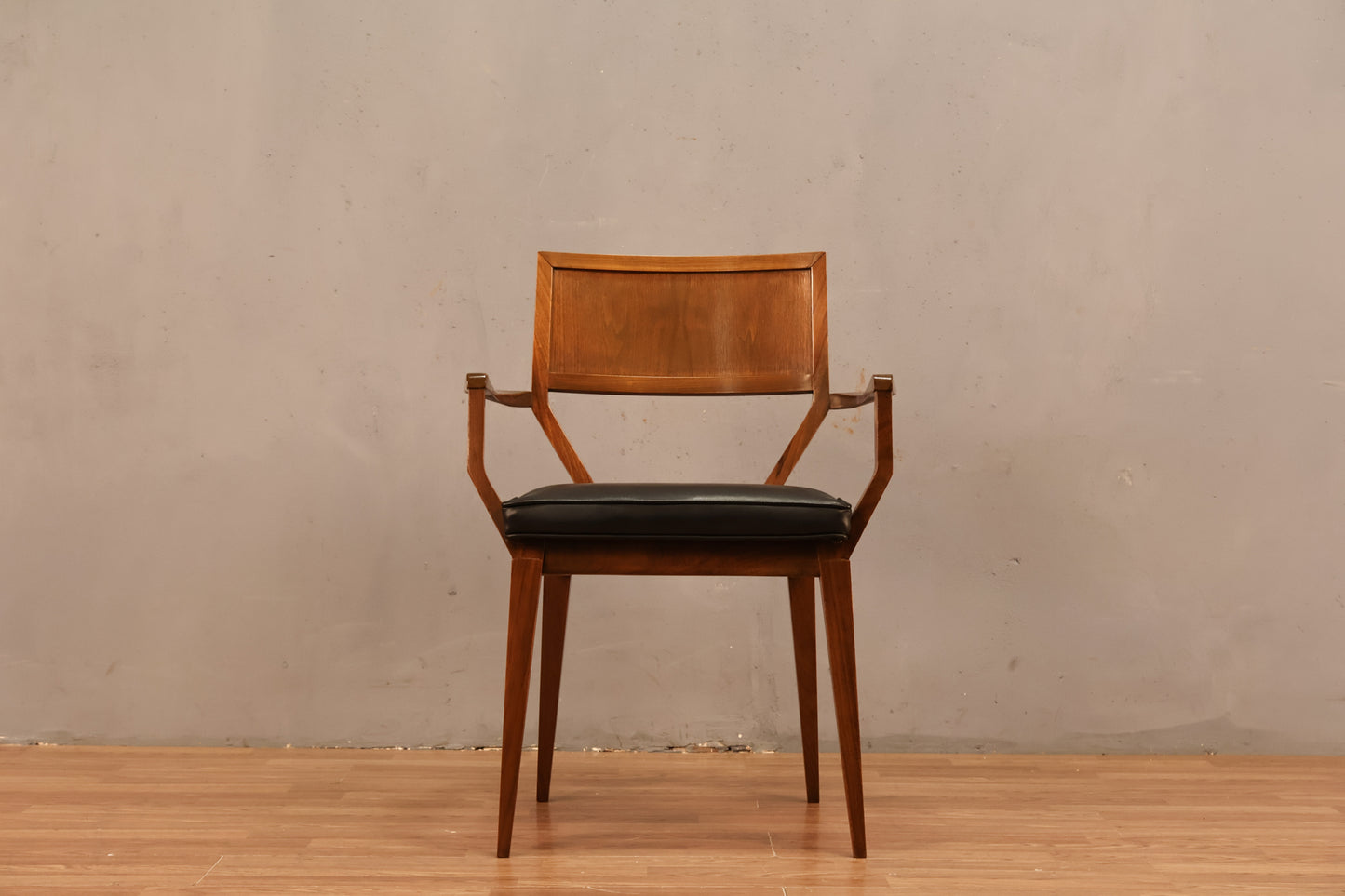 Mid Century Walnut & Black Leather Armchair