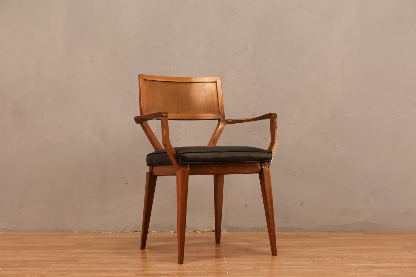Mid Century Walnut & Black Leather Armchair