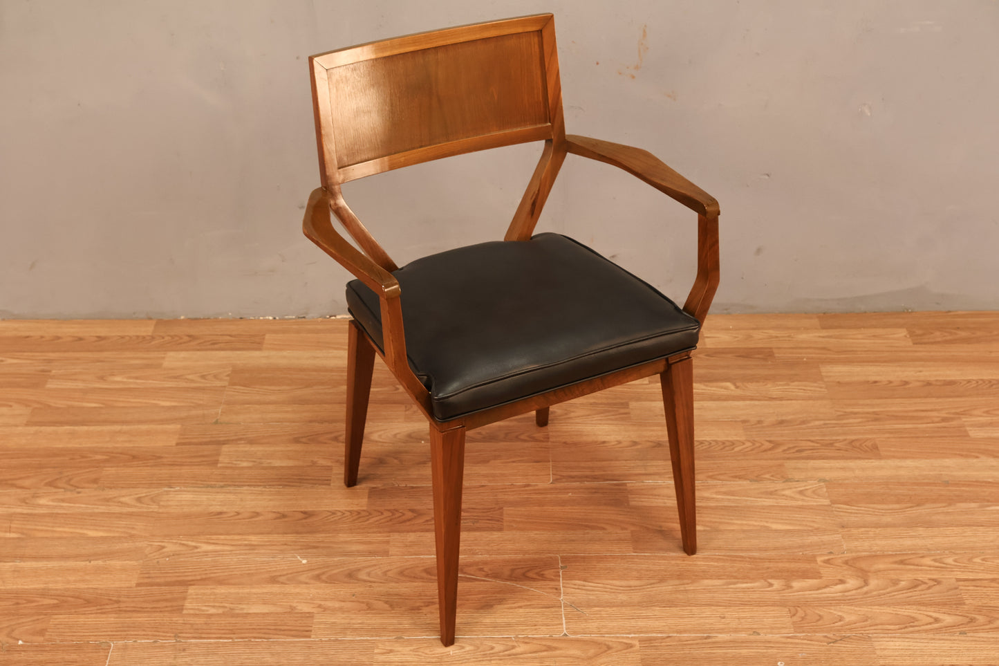 Mid Century Walnut & Black Leather Armchair