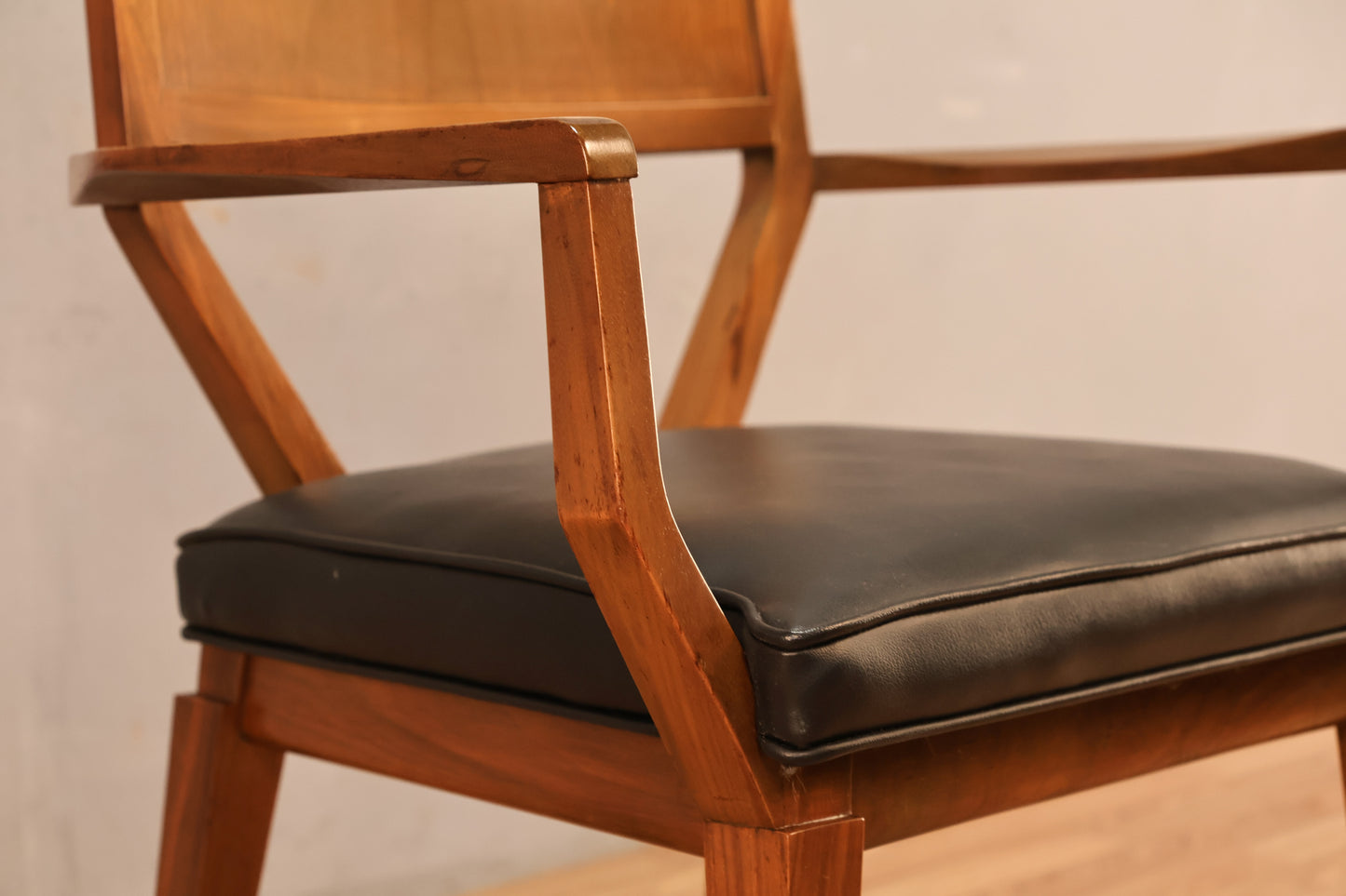 Mid Century Walnut & Black Leather Armchair