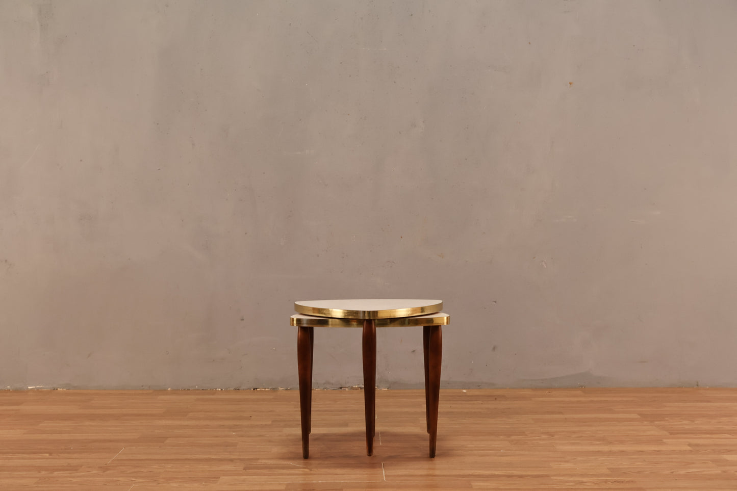 Pair of Atomic White & Gold Stacking Tables - ONLINE ONLY