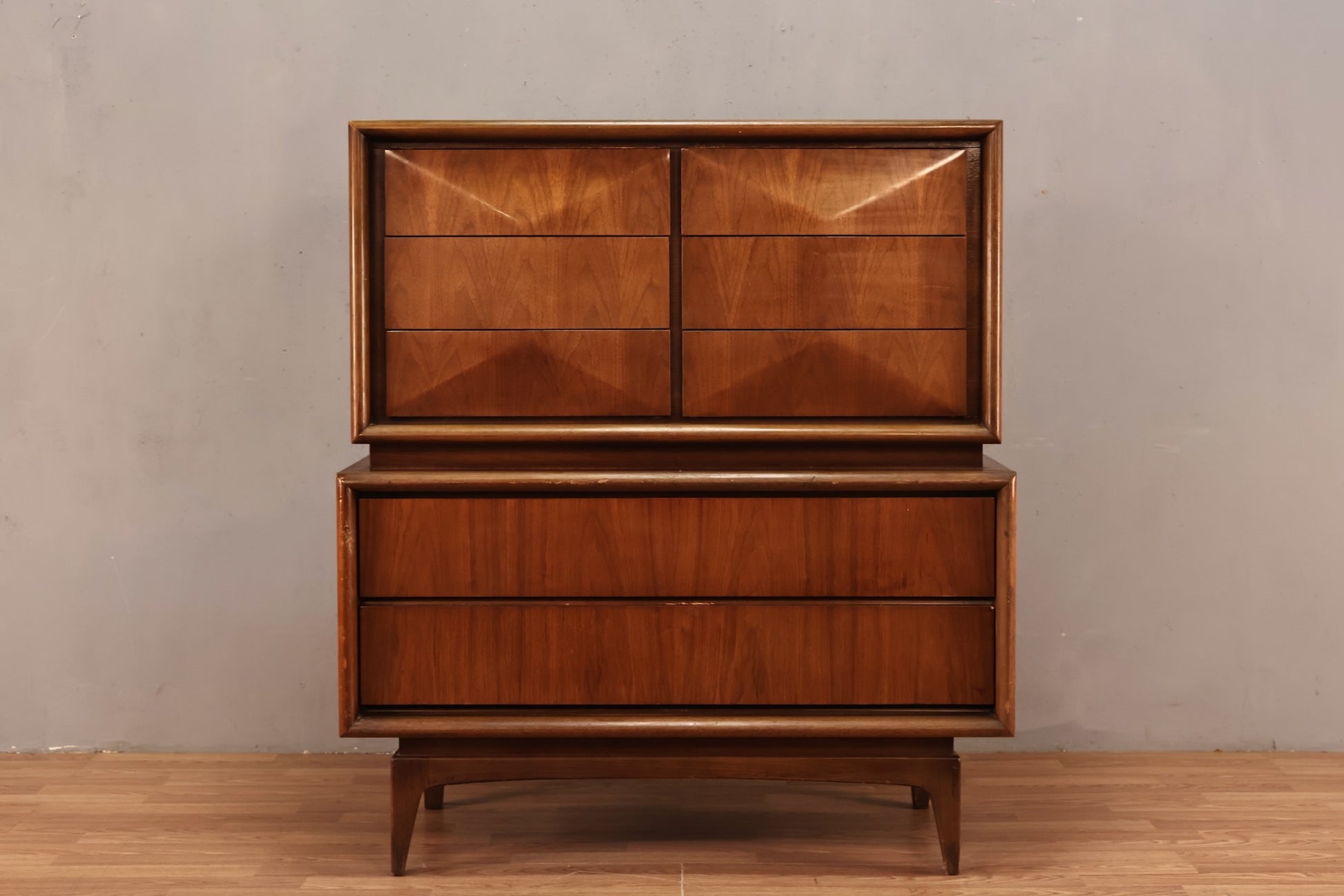 mid century modern highboy dresser Kent Coffey Perspecta Vintage Gentlemens c. 1960s Mid-Century Modern Walnut Highboy Dresser