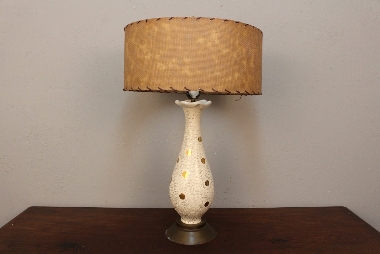 Mid Century Gold Polka Dot Ceramic Table Lamp