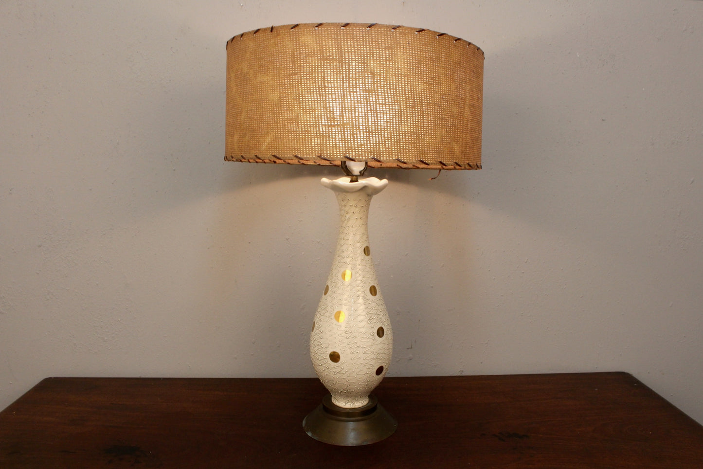 Mid Century Gold Polka Dot Ceramic Table Lamp